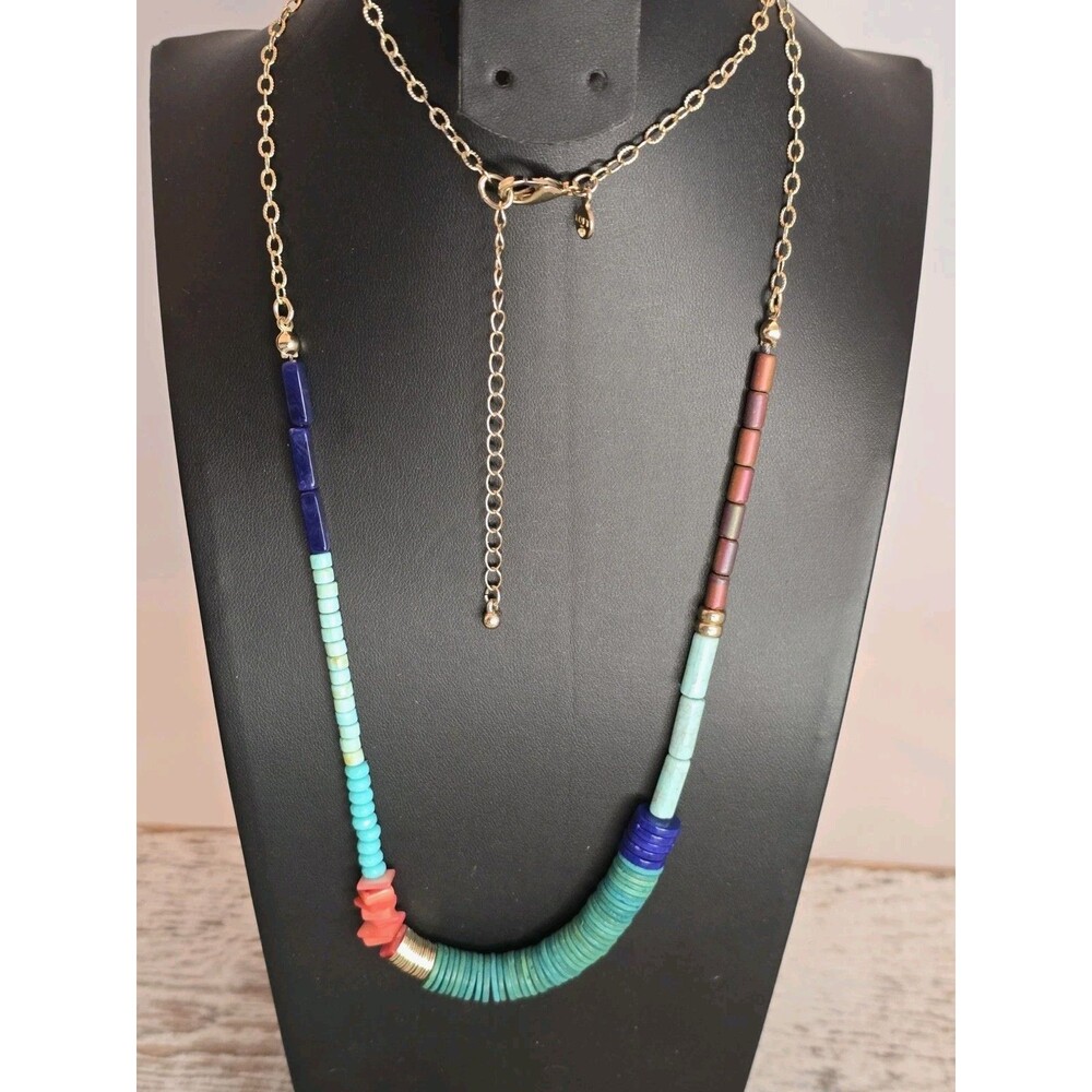 LOFT Long Beaded Necklace 30” Colorful Boho Teal Coral Gold Statement #467